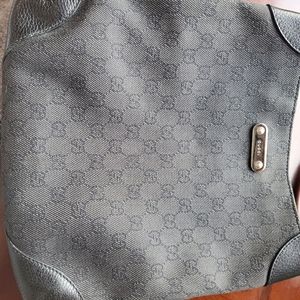 GUCCI GG Logo Monogram Signature Black Denim Canvas Leather Shoulder Bag 196140